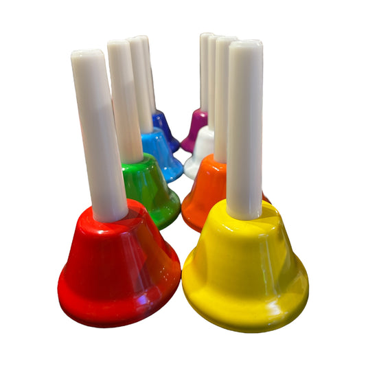Colourful 8-note handbell percussion set