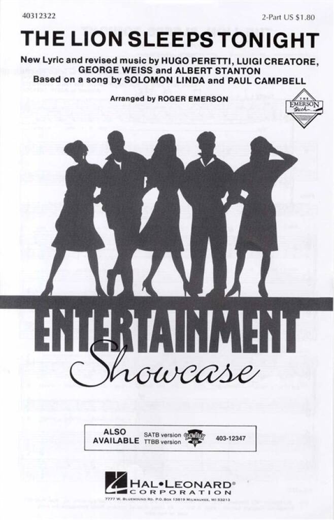 Sheet music pages for 2-part choir with piano for The Lion Sleeps Tonight