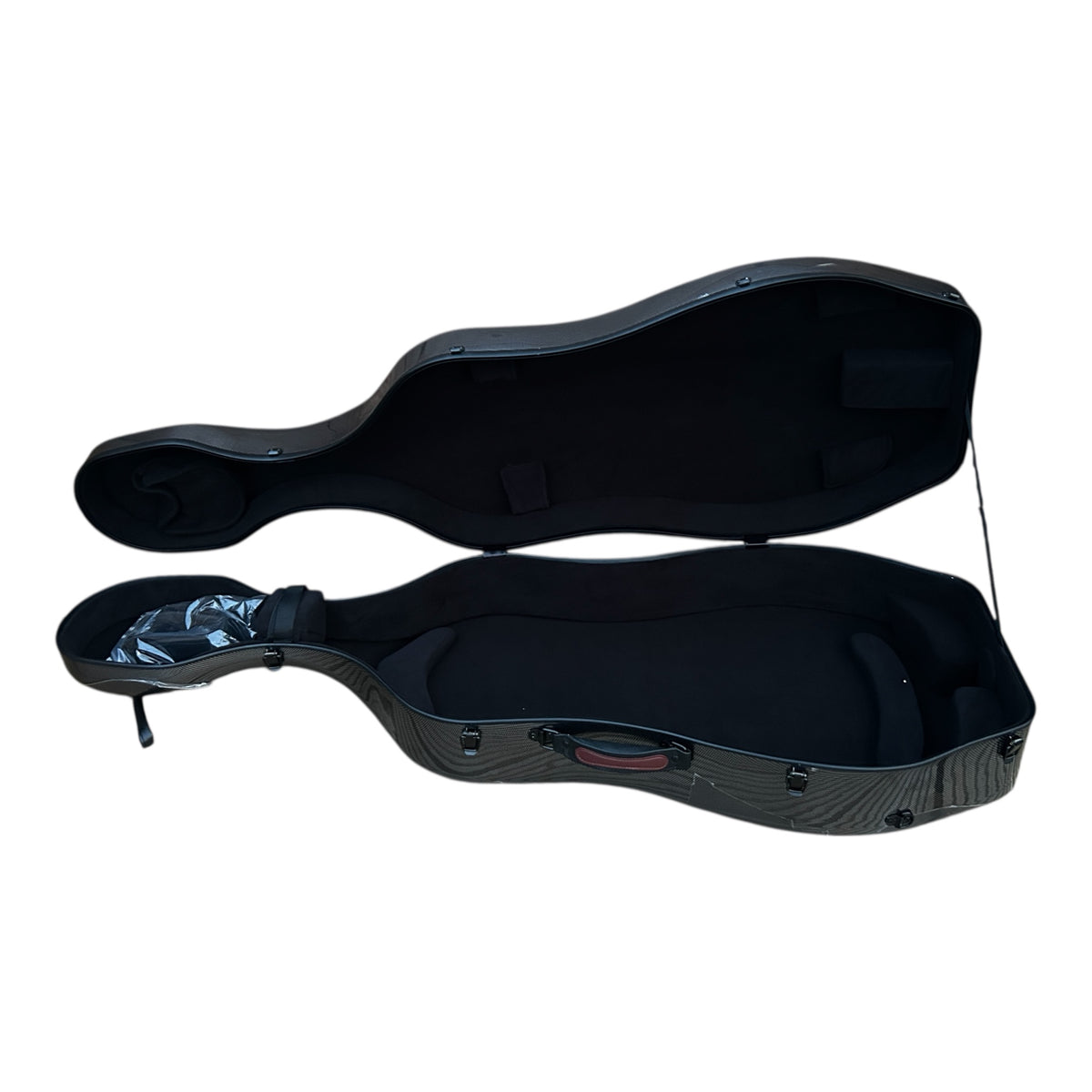 Lightweight Kyliesman cello hard case with wheels in maroon, black, and white finishes