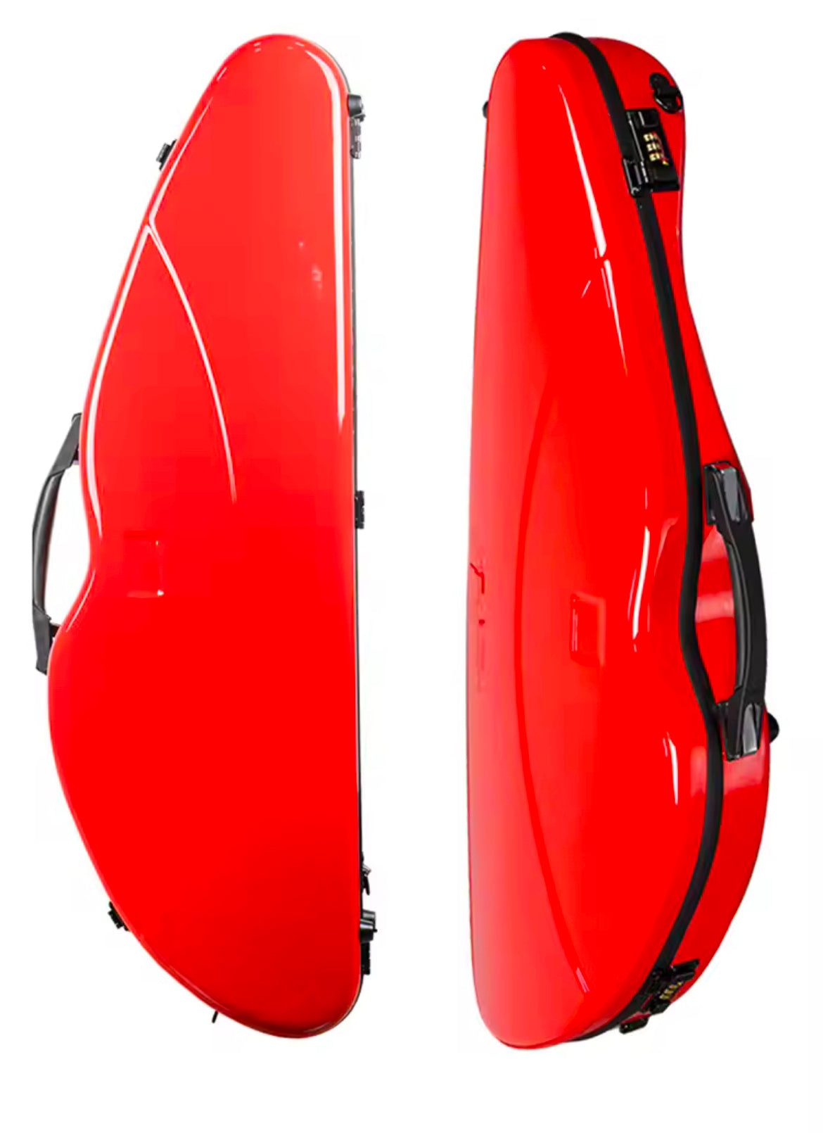 Polycarbonate half moon violin case in red, black, and white check finishes