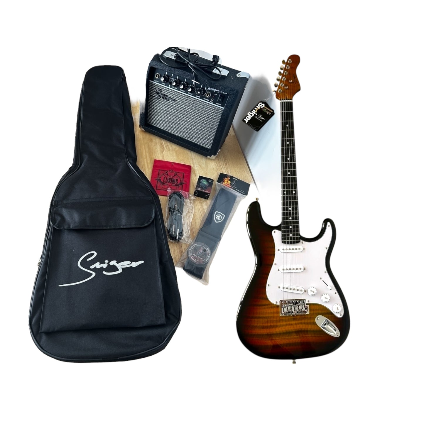 Smiger LC2W Electric Guitar Bundle Flame Sunburst Veneer, set view