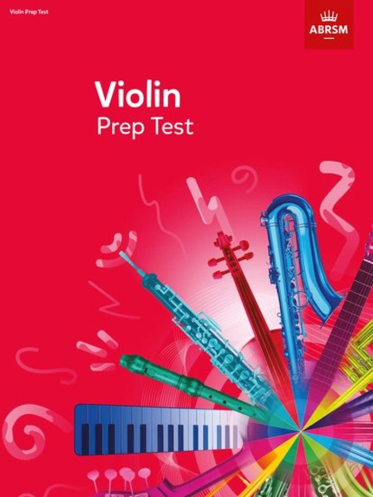 Violin Prep Test ABRSM book cover featuring colorful musical instruments illustrations on a red background.