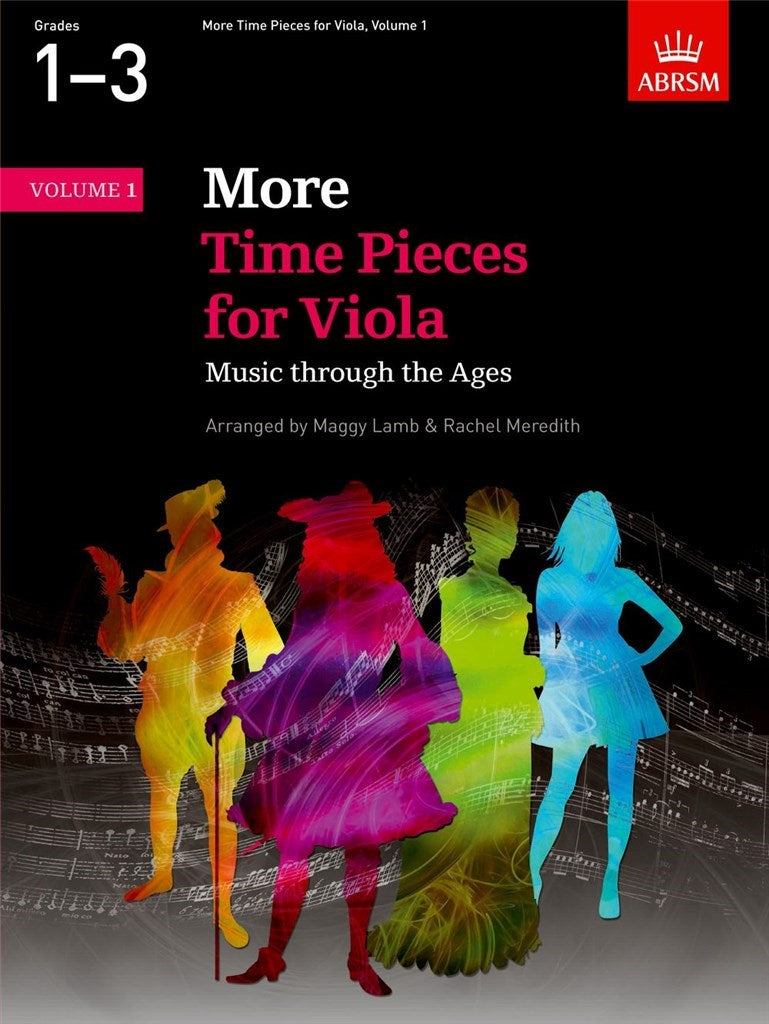 More Time Pieces for Viola Volume 1 book cover showing colorful silhouettes of musicians and musical notes.
