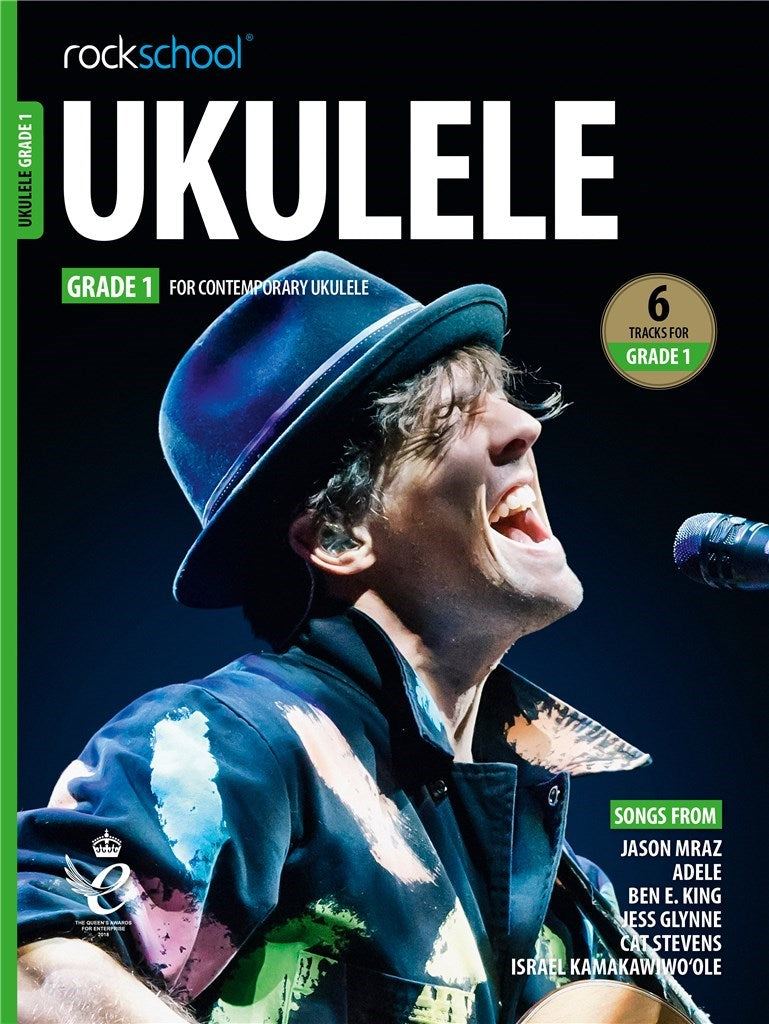 ROCKSCHOOL UKULELE GRADE 1 book cover featuring musician performing, includes songs by Jason Mraz, Adele, and more.