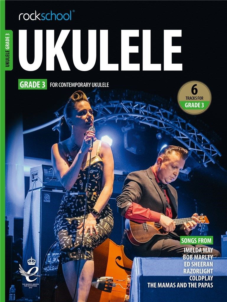 ROCKSCHOOL UKULELE GRADE 3 book, featuring songs by Ed Sheeran and Coldplay, 2020 edition.