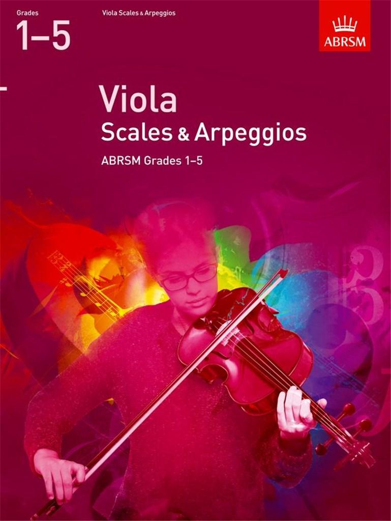 Viola Scales & Arpeggios book cover, ABRSM Grades 1-5, featuring a colorful design with a person playing the viola.