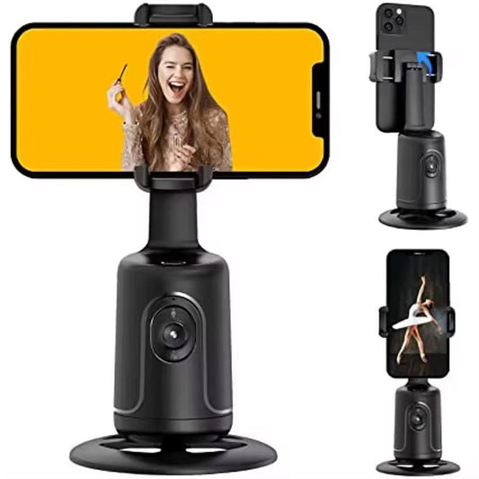 360-degree rotating auto face tracking gimbal smartphone holder, black, for live streaming and selfies.