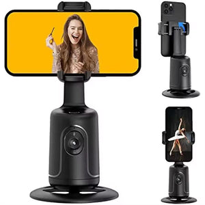 360-degree rotating auto face tracking gimbal smartphone holder, black, for live streaming and selfies.