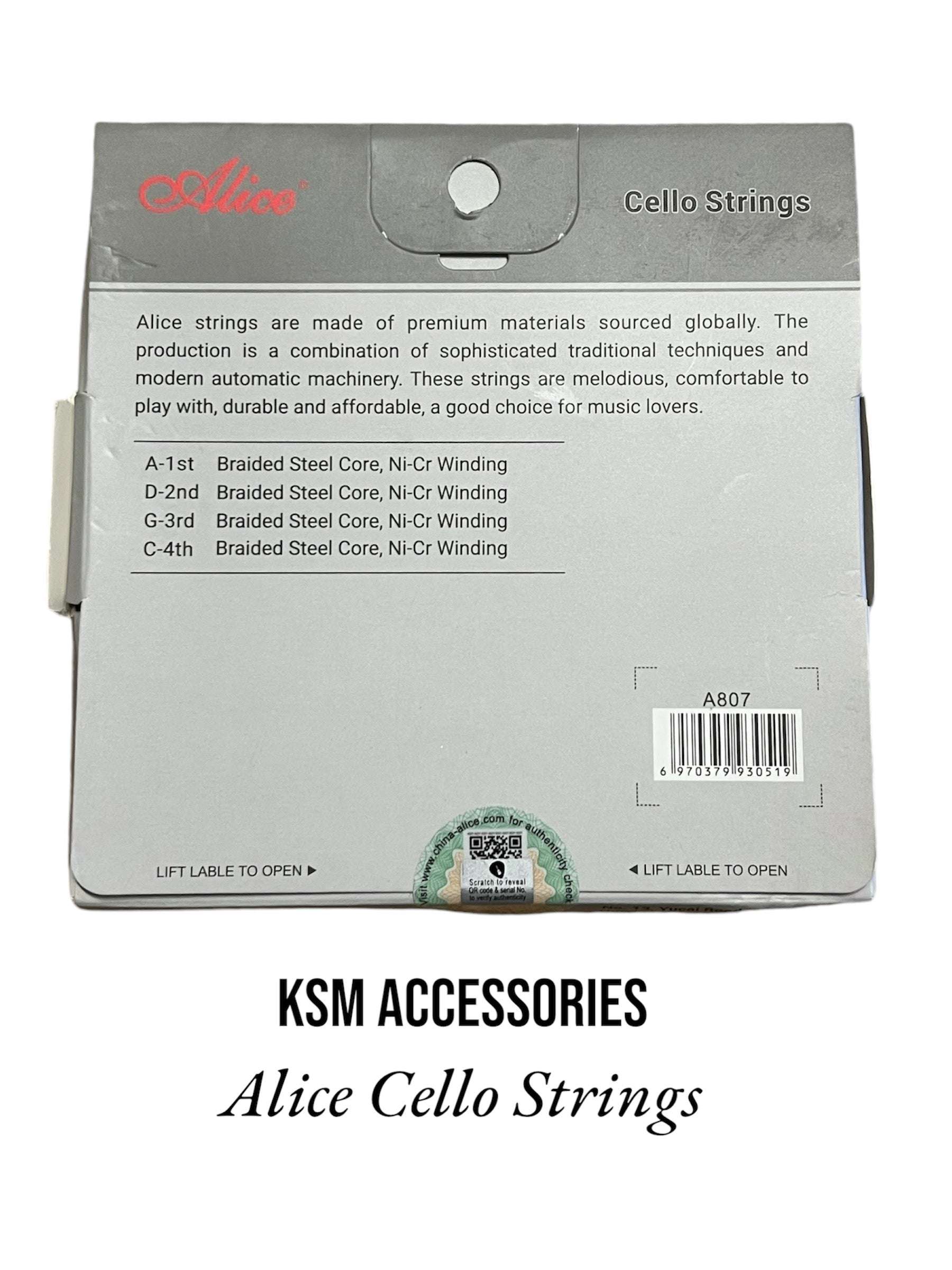 Close-up of Alice 4/4 cello strings showing braided steel wire


