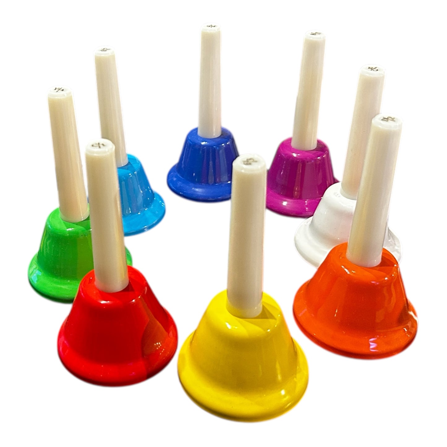 Colourful 8-note handbell percussion set
