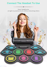 Cargar imagen en el visor de la galería, Professional-grade compact electric drum kit with waterproof silicone pads, ideal for practice anywhere.

