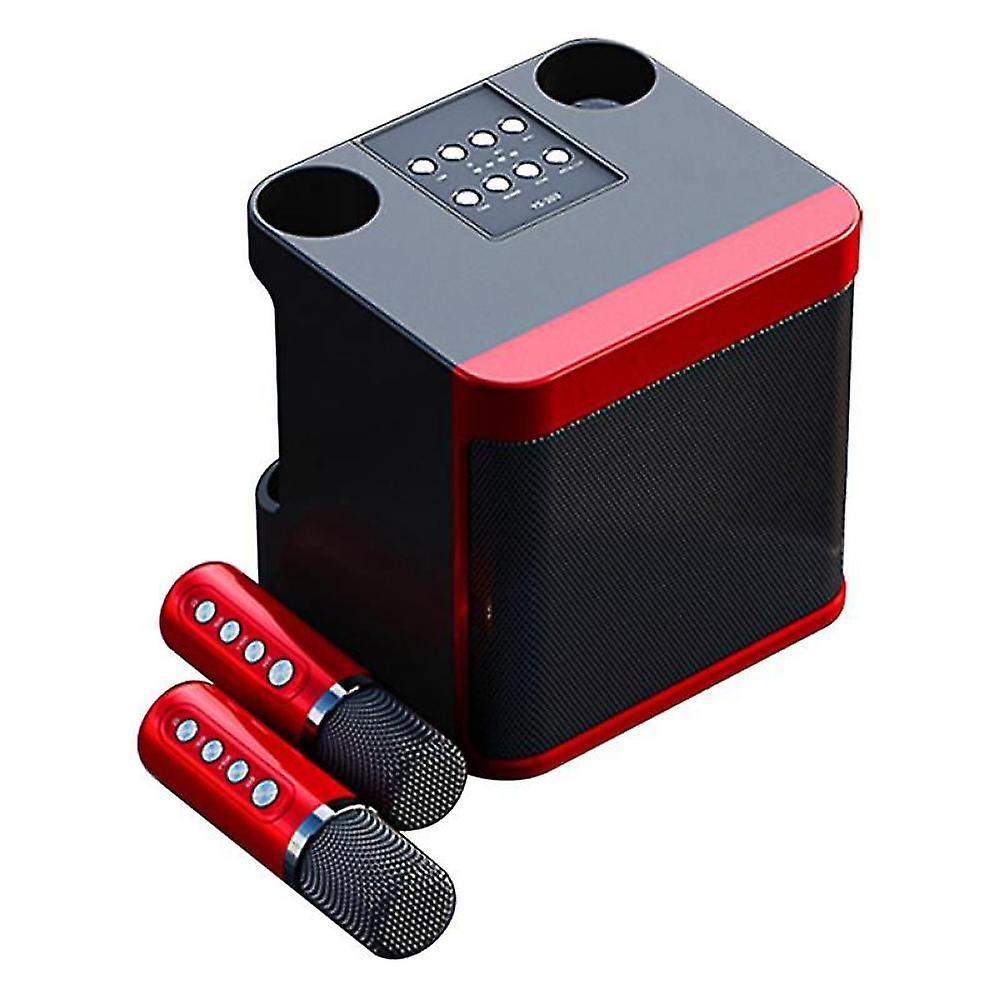 Wireless Bluetooth karaoke machine with dual microphones and speakers.