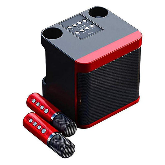 Wireless Bluetooth karaoke machine with dual microphones and speakers.