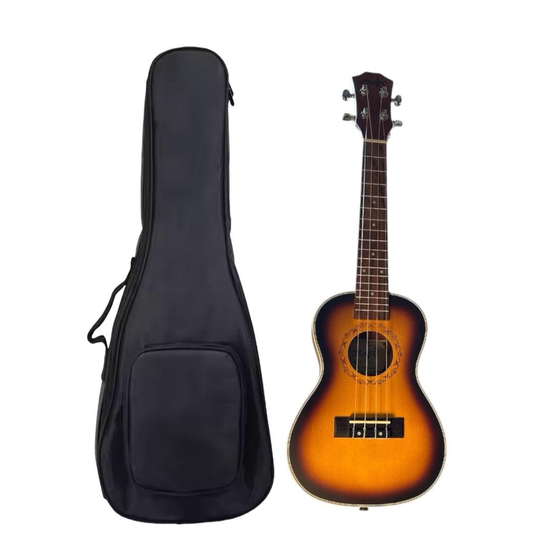 Concert Ukulele with deluxe gig bag, high-quality spruce body, rosewood fingerboard, sunset color.