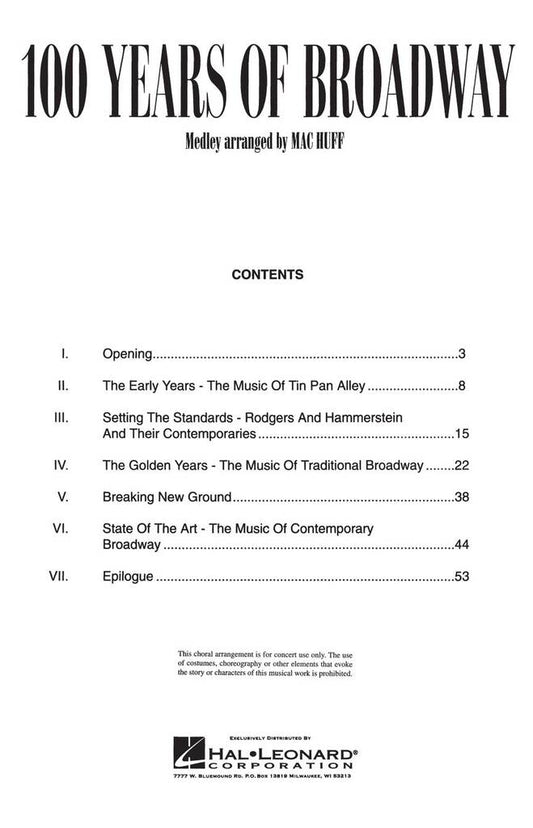 Sheet music pages from 100 Years of Broadway 2-part choir medley

