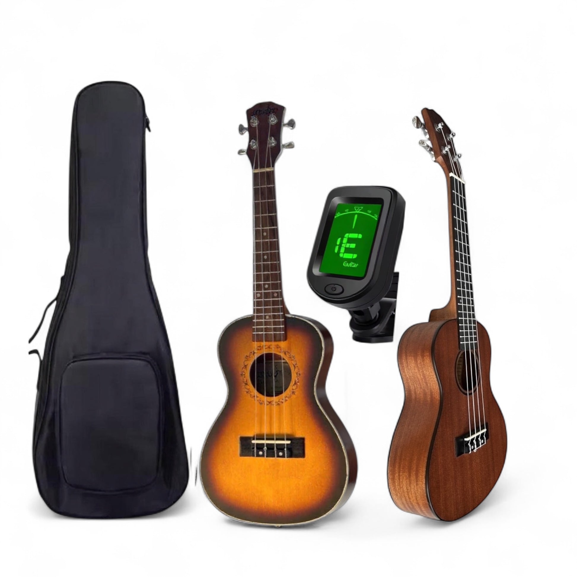 Two ukuleles with a carrying case and digital tuner on a white background