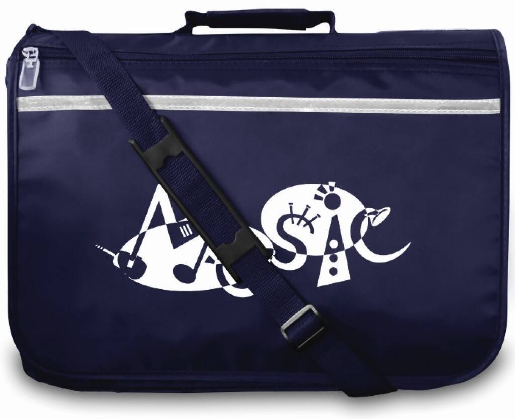 Blue music bag with side pockets and detachable shoulder strap



