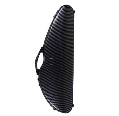 Violin case with hard shell and half-moon design, lightweight, waterproof, polycarbonate, black stripe pattern.