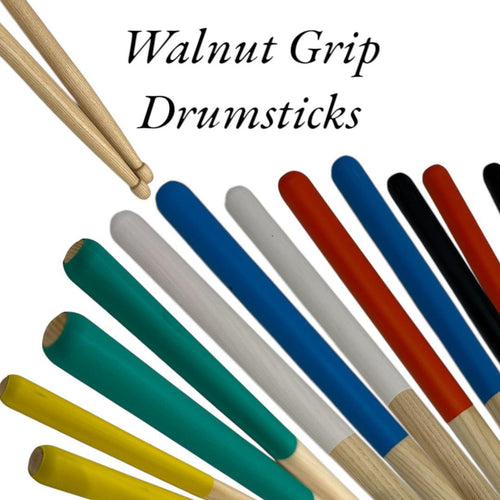Colorful Walnut Grip Drumsticks with rubber grips in various shades.