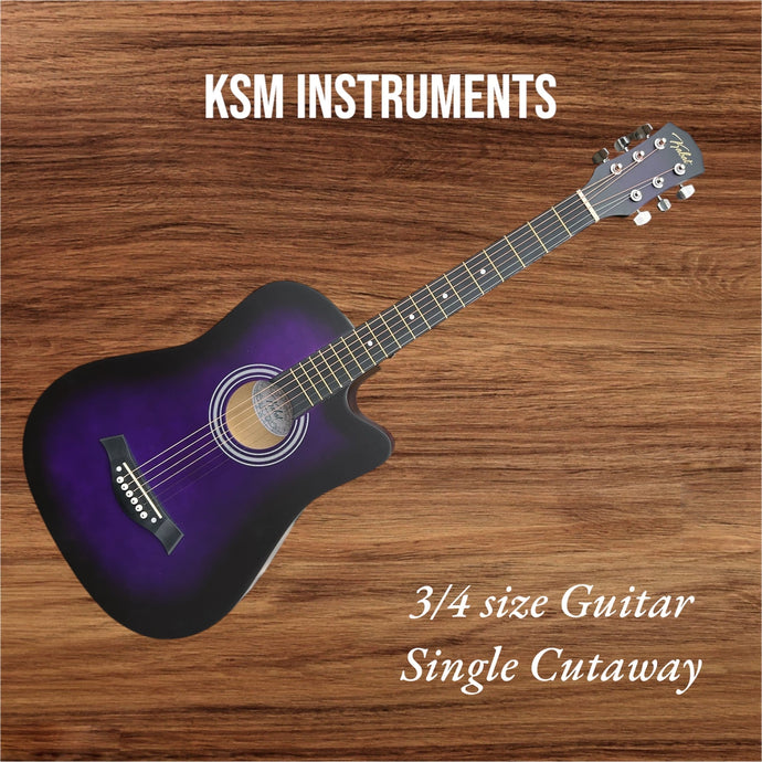 3/4 sized acoustic guitar with single cutaway in purple, ideal for beginners.