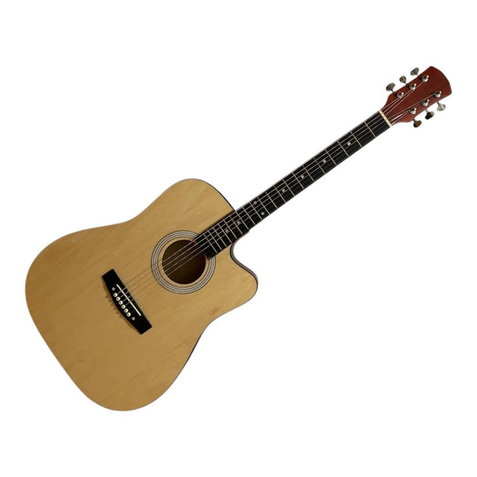 Full-size single cutaway acoustic guitar in natural finish, ideal for beginners.
