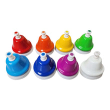 Charger l&#39;image dans la galerie, Chime Bells-8 Note Hand Bells Chime Set in vibrant colors arranged in a row.
