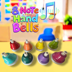 8 Note Hand Bells Chime Set in vibrant colors on a table with a musical note background.