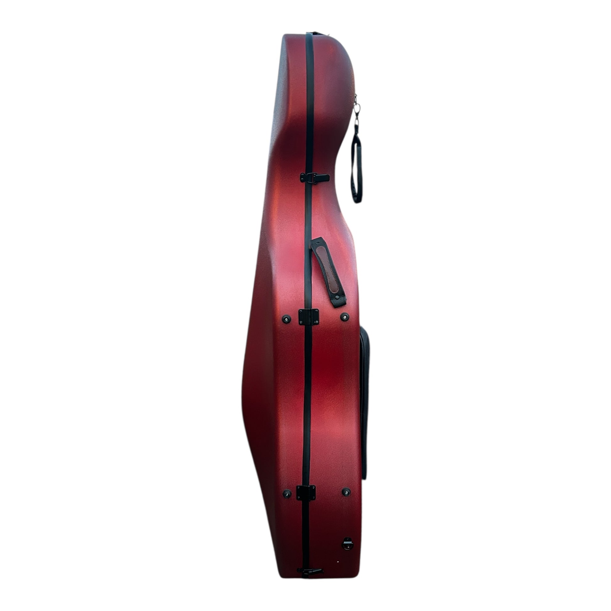 Lightweight Kyliesman cello hard case with wheels in maroon, black, and white finishes
