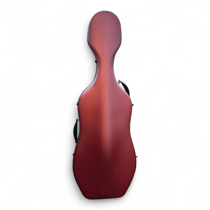 Lightweight Kyliesman cello hard case with wheels in maroon, black, and white finishes
