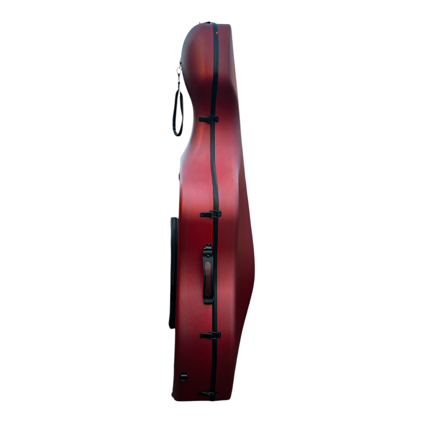 Lightweight Kyliesman cello hard case with wheels in maroon, black, and white finishes
