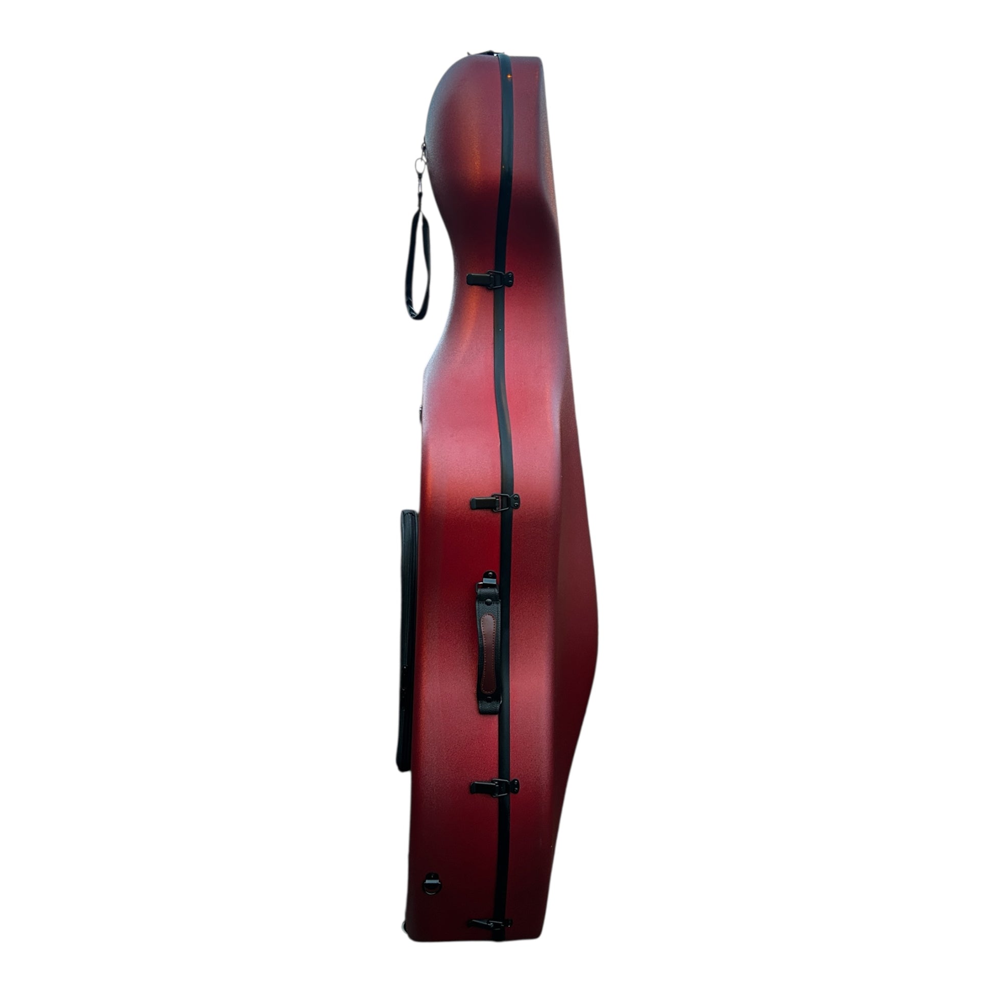 Lightweight Kyliesman cello hard case with wheels in maroon, black, and white finishes
