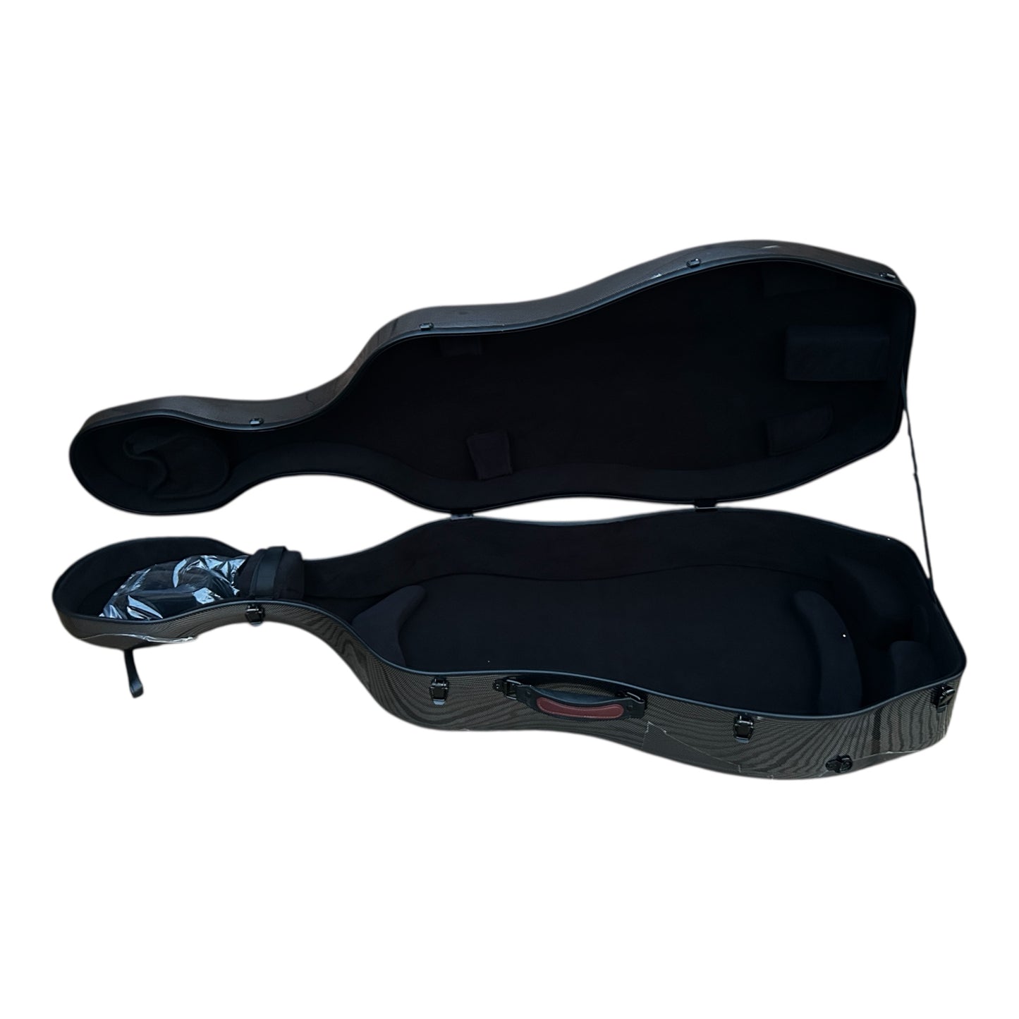 Lightweight Kyliesman cello hard case with wheels in maroon, black, and white finishes
