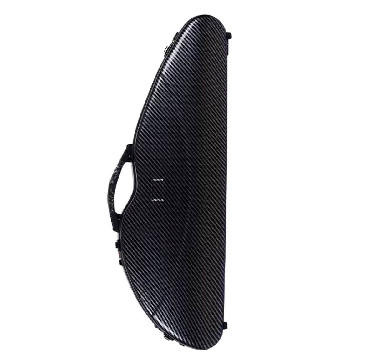 Polycarbonate half moon violin case in red, black, and white check finishes
