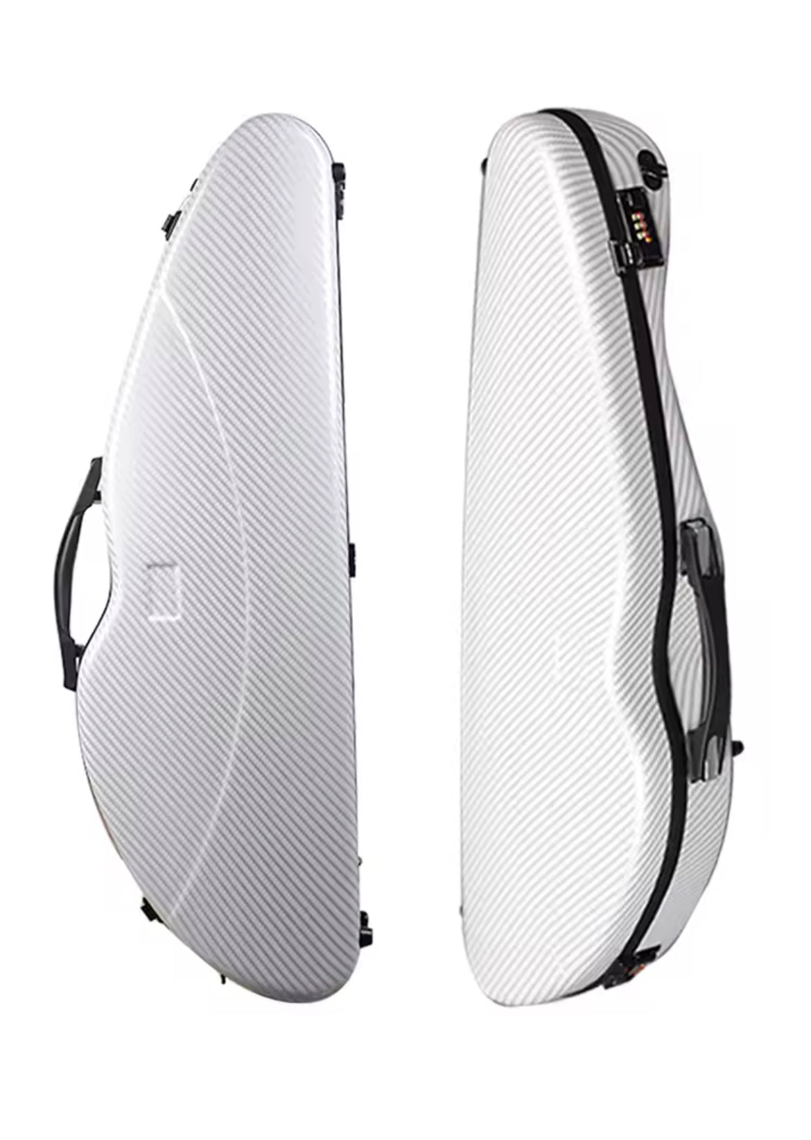 Polycarbonate half moon violin case in red, black, and white check finishes
