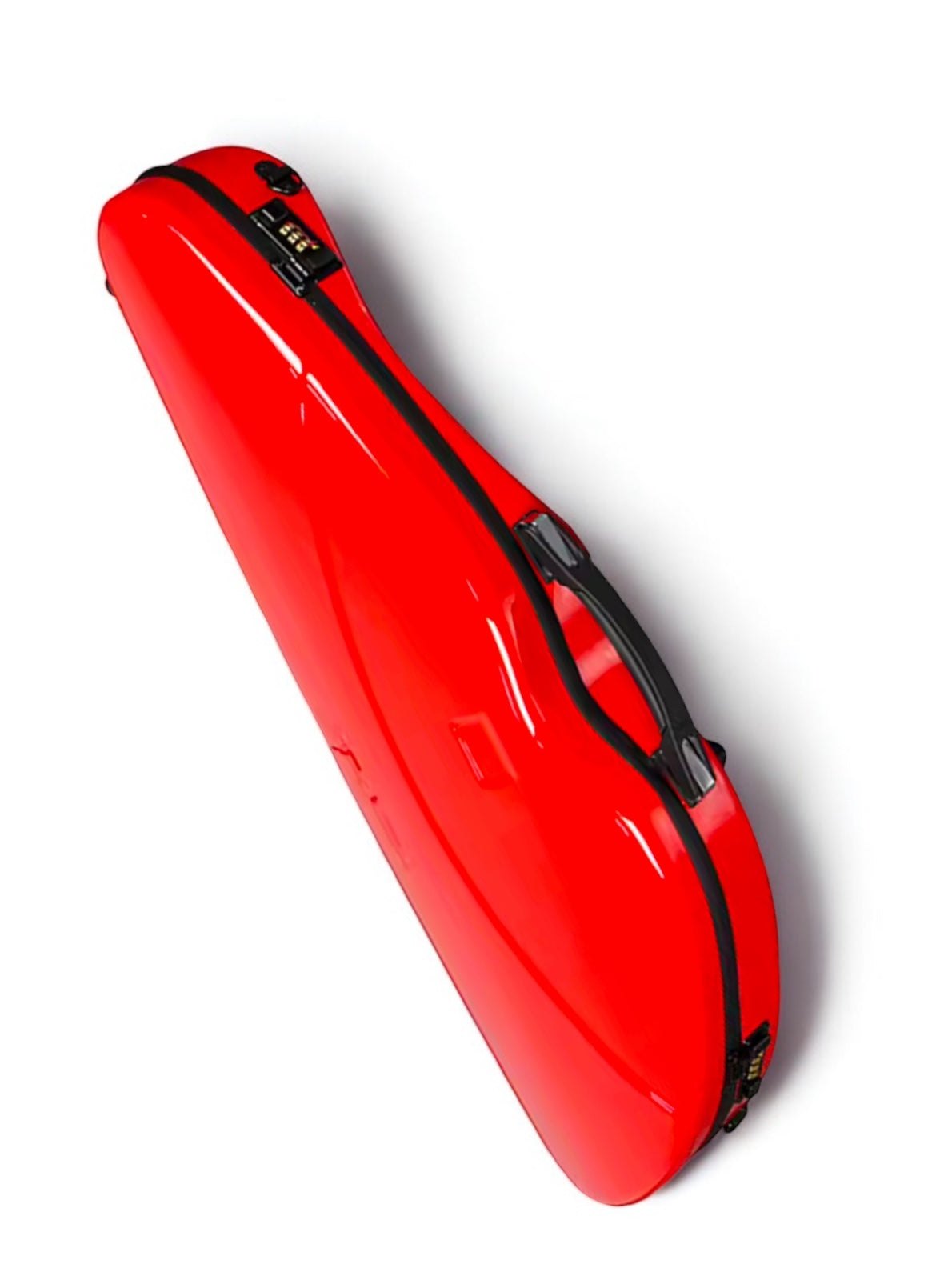 Polycarbonate half moon violin case in red, black, and white check finishes
