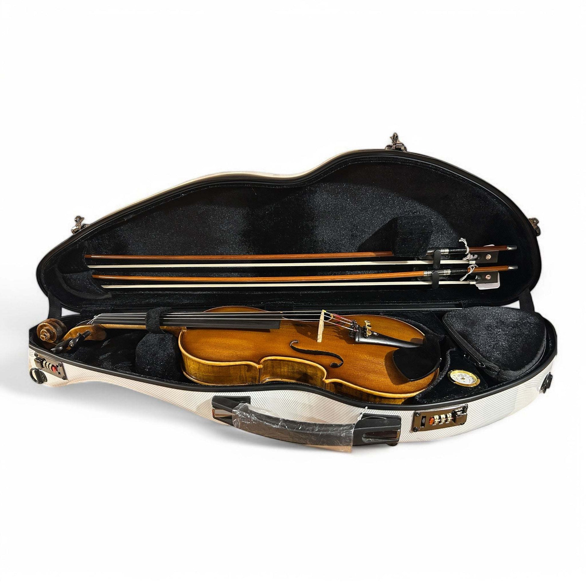 Polycarbonate half moon violin case in red, black, and white check finishes
