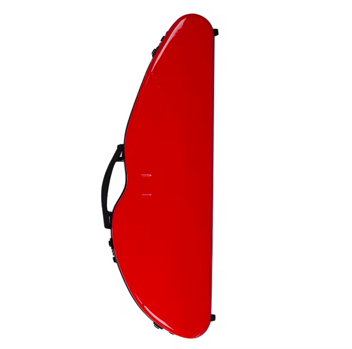 Polycarbonate half moon violin case in red, black, and white check finishes
