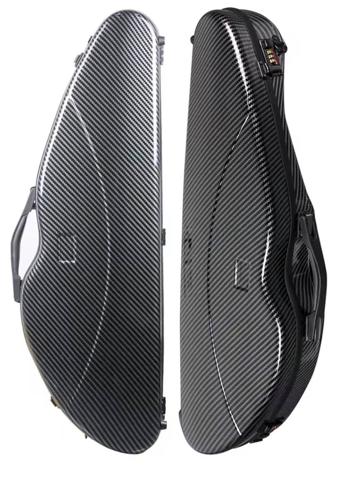 Polycarbonate half moon violin case in red, black, and white check finishes
