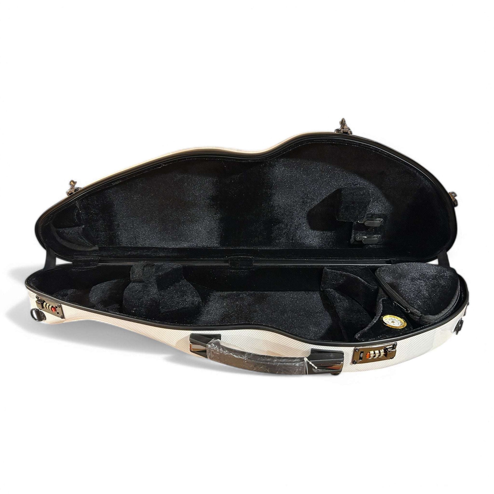 Polycarbonate half moon violin case in red, black, and white check finishes
