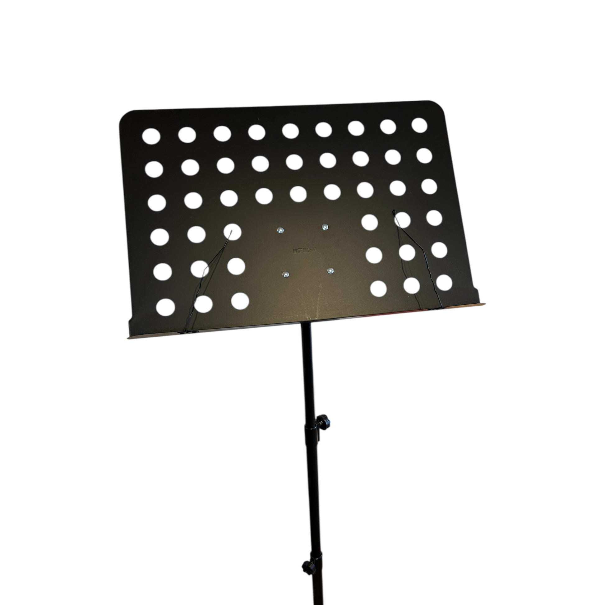 Black orchestral music stand with adjustable height and sturdy base
