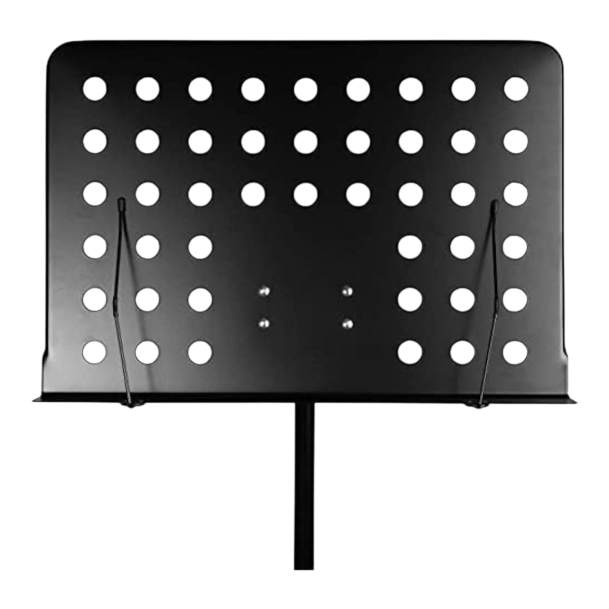 Black orchestral music stand with adjustable height and sturdy base
