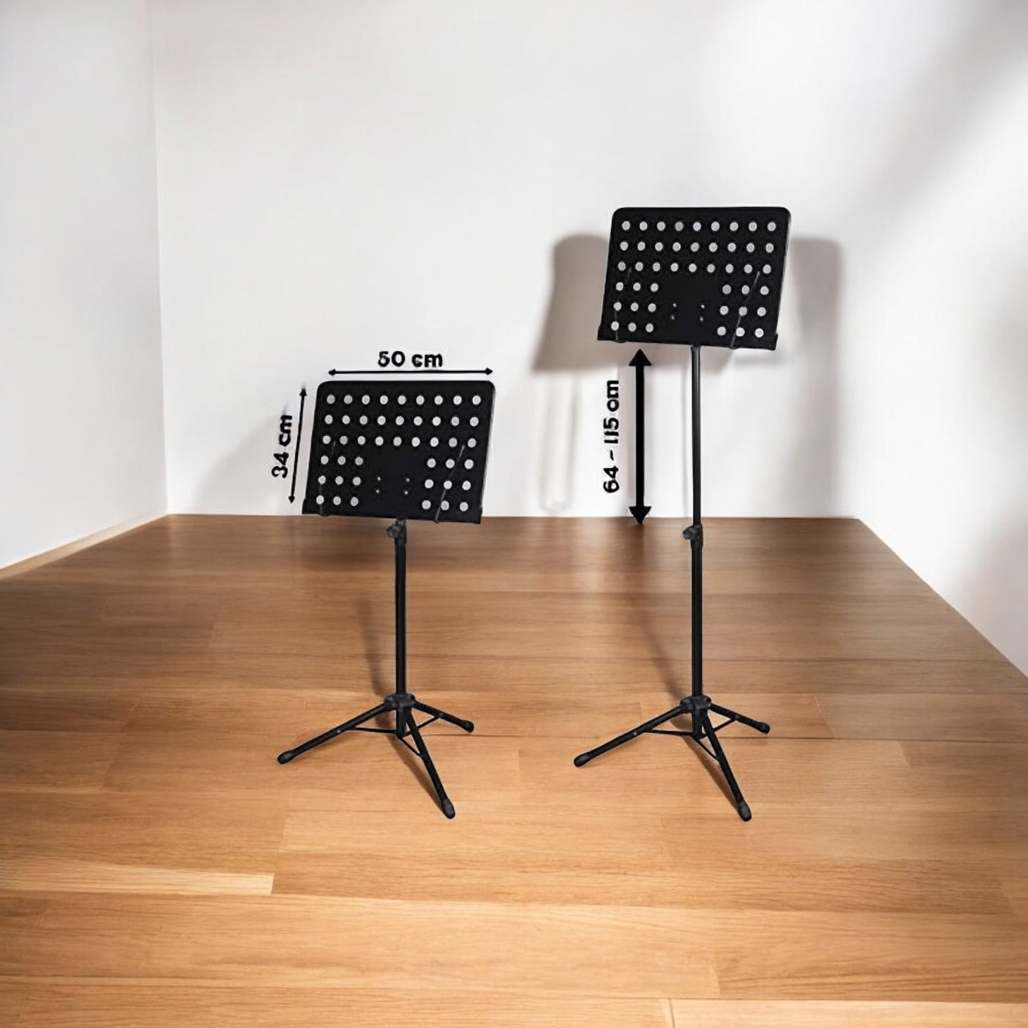 Black orchestral music stand with adjustable height and sturdy base

