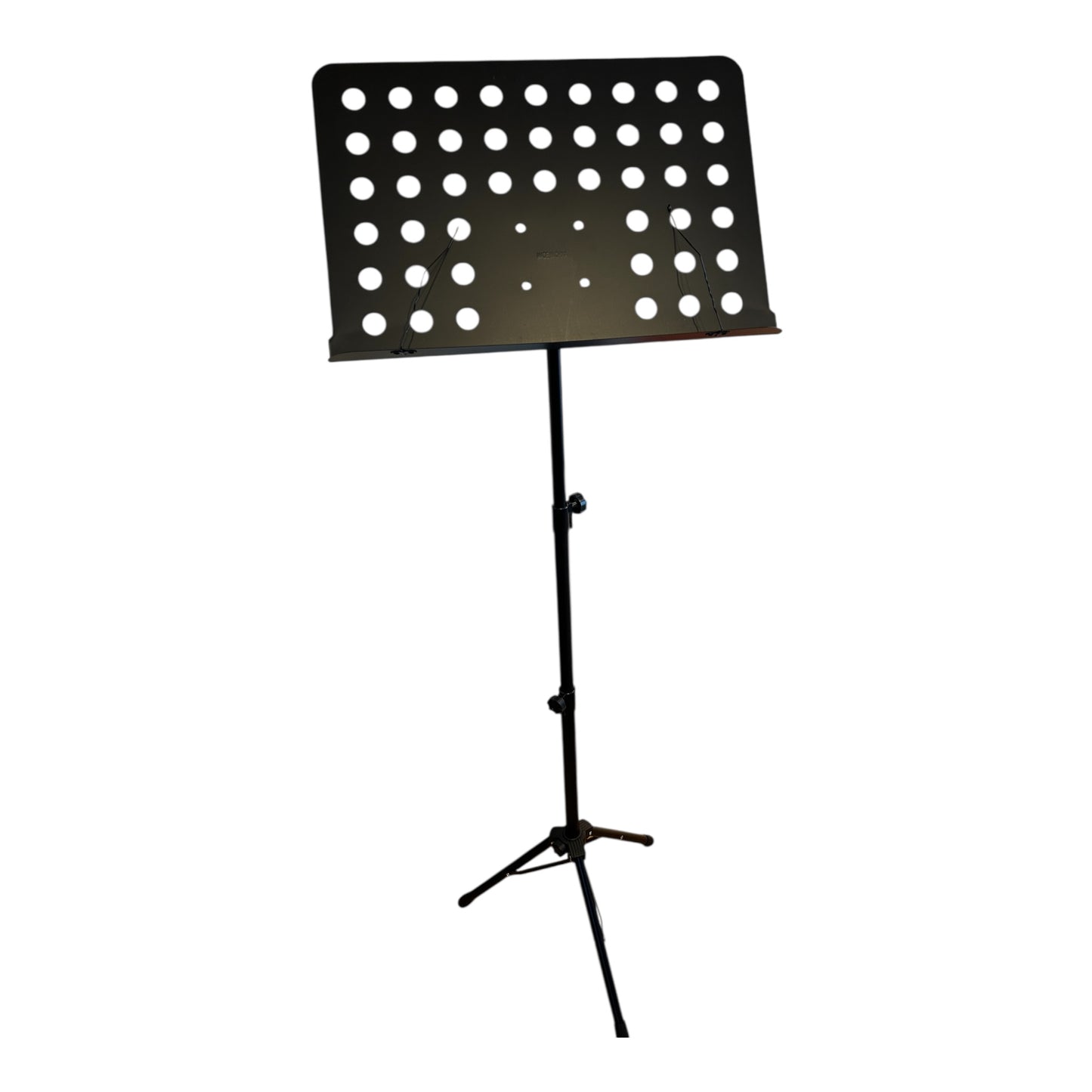 Black orchestral music stand with adjustable height and sturdy base
