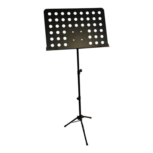 Black orchestral music stand with adjustable height and sturdy base
