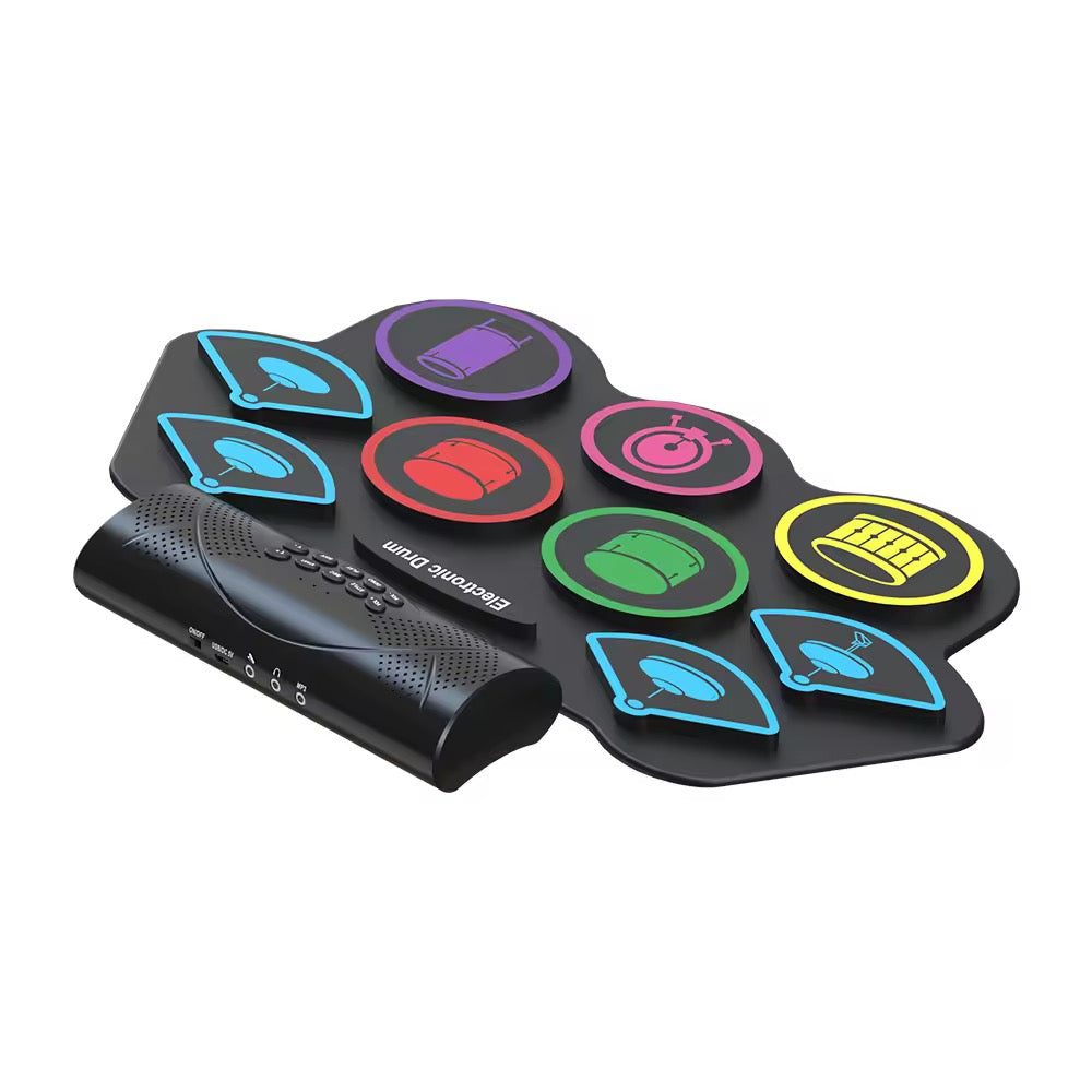 Foldable electronic drum kit with dual foot pedals and sound effects

