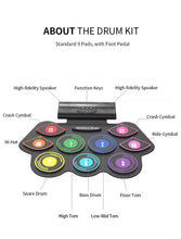 Cargar imagen en el visor de la galería, Electric drum kit with 9 pads and foot pedal, featuring high-fidelity speakers and function keys.
