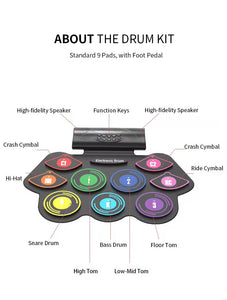 Electric drum kit with 9 pads and foot pedal, featuring high-fidelity speakers and function keys.