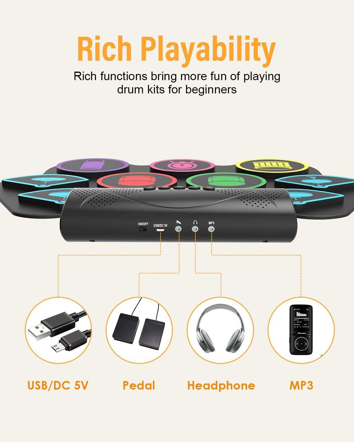 Foldable practice drum pad kit with built-in rhythms and tones

