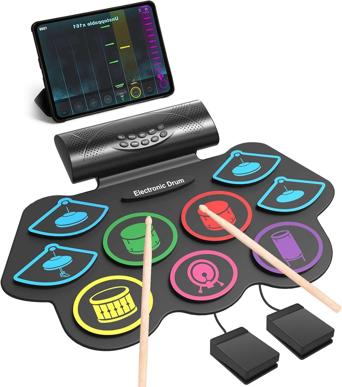 Electric drum kit with 9 pads, built-in speaker, and foot pedals.