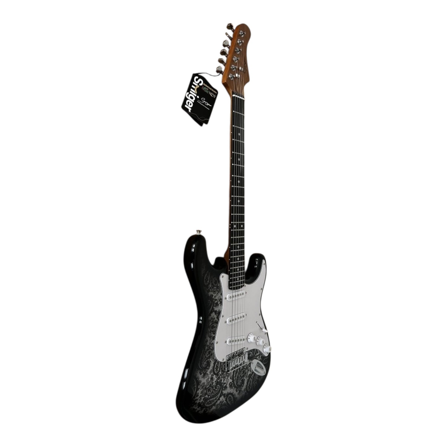 Smiger LC2W Electric Guitar Bundle  Black Paisley finish, side view
